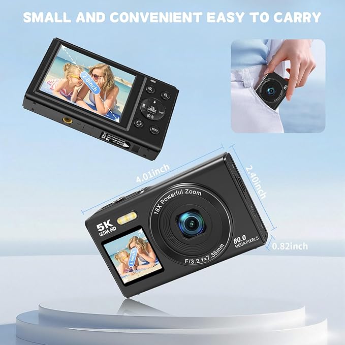 5K Digital Camera for Photography, 80MP Dual Screen Vlogging Camera for YouTube