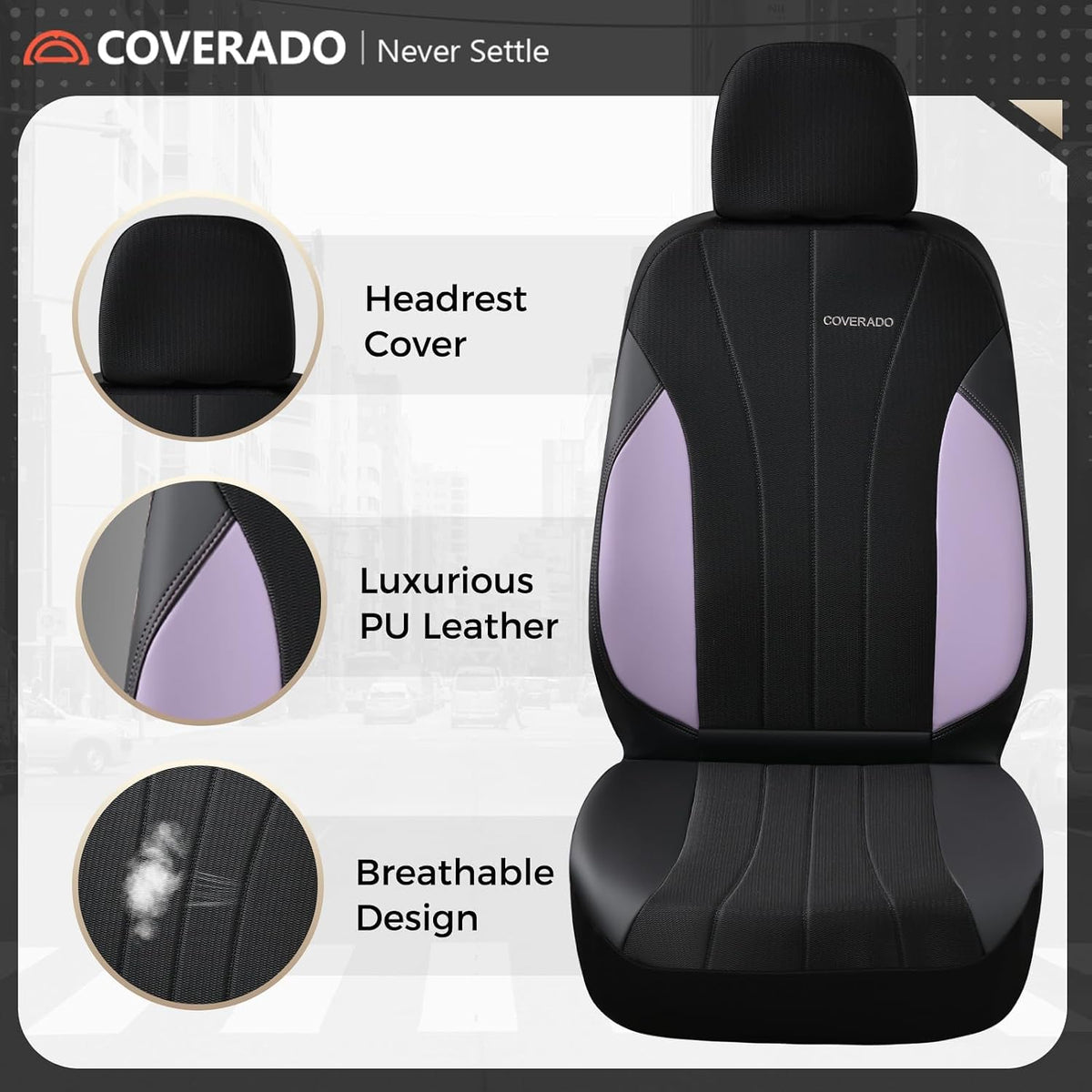 Coverado Car Seat Covers Full Set, Automotive Seat Covers 5-piece, Leather Car Protectors 5 Seats, Purple Auto Seat Covers Spill-Proof Design Universal Fit for SUV, Vans, Sedan, Truck