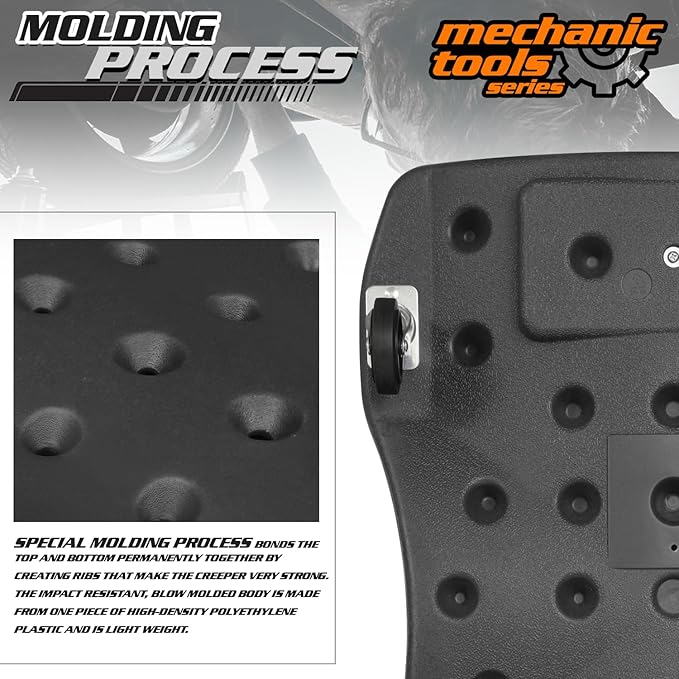 M-AUTO Mechanic Plastic Creeper with Dual Tool Trays, 48" Ergonomic Rolling Garage Shop Creeper with Padded Headrest, 4 Noiseless Casters 350LBS Capacity Black