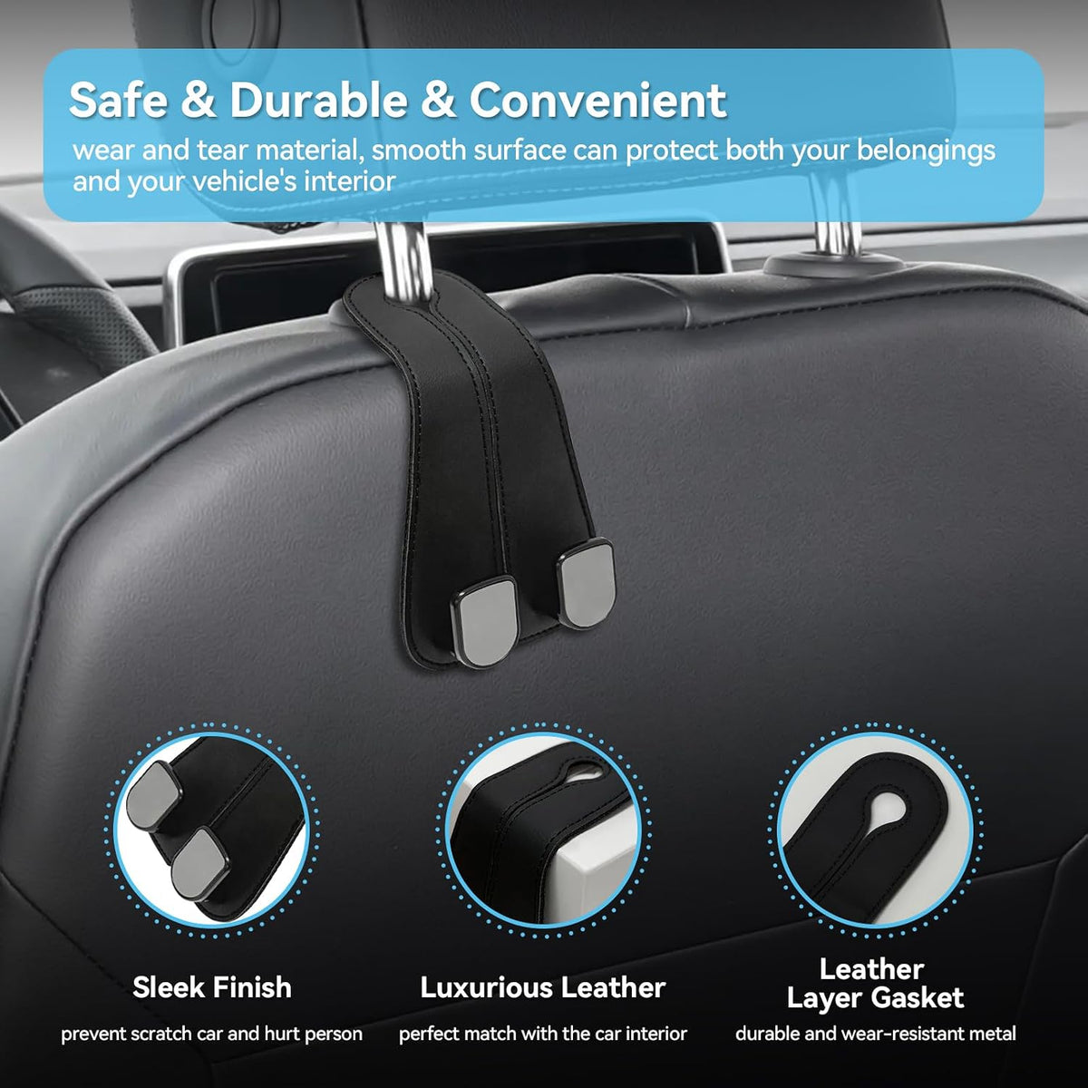 USSDE Car Seat Hooks Vehicle Headrest Back Storage Organizer 2 Pack for Purses Bags backpacks Groceries Hanger Holder - Universal Sturdy Holds 55lbs 360° Rotating (Style C/Black)
