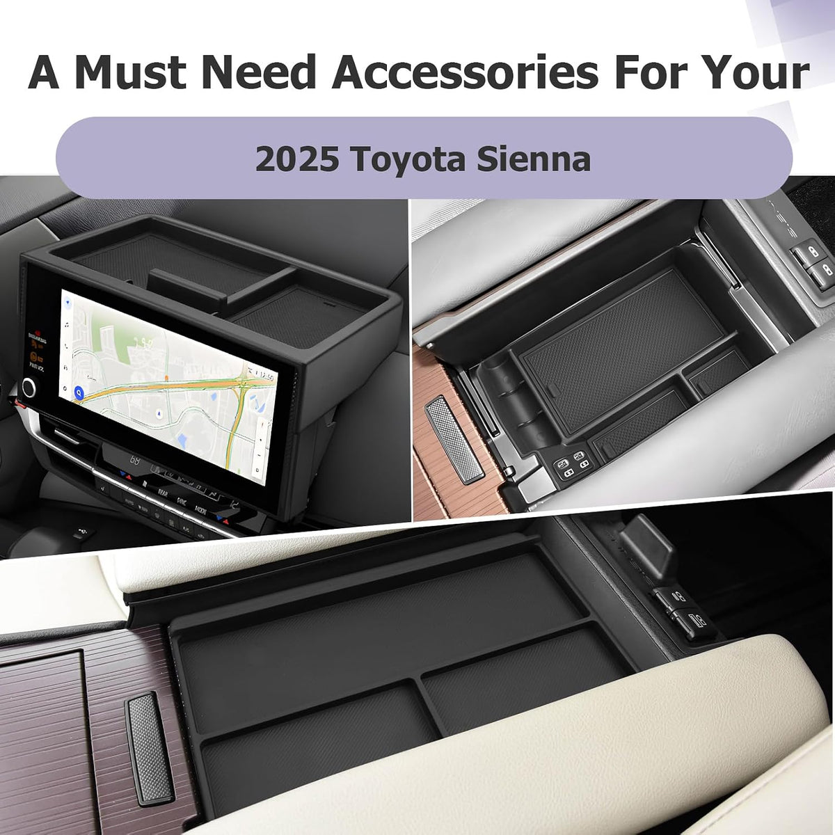 LUWU 2025 2026 Sienna Accessories for 2025 2026 Toyota Sienna Accessories Dashboard Storage Tray, Center Console Organizer, Anti-Slip Armrest Lid Black 3-Pack (ONLY for 12.3-INCH Screen)