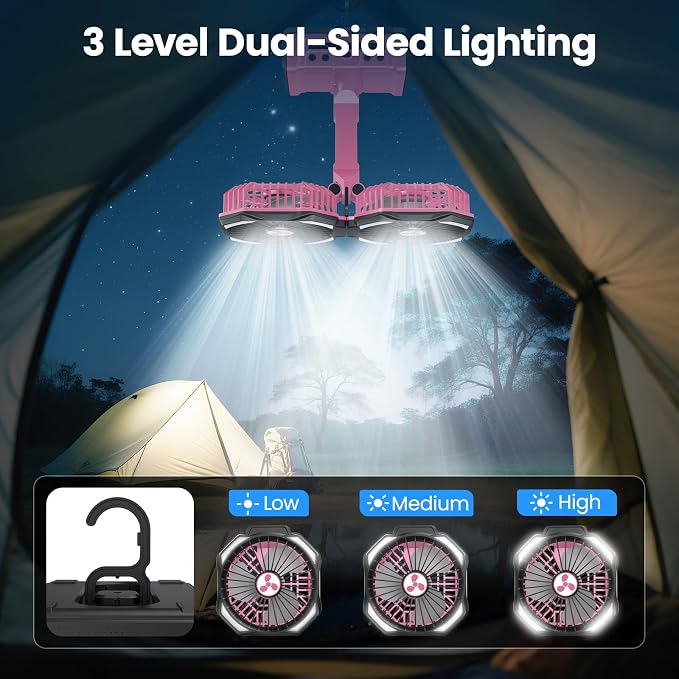 Dual Head Portable Rechargeable Fan 20000mAh Battery Powered Camping Fan Cordless with LED Lantern & Remote, Auto Oscillation, Hook, Battery Operated for Tent Office Travel Picnic Jobsite Orange