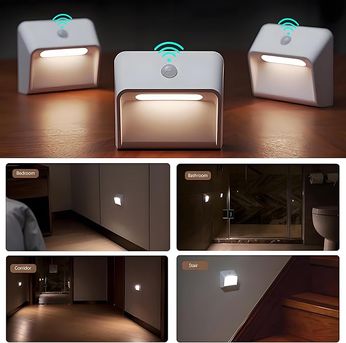 Rechargeable Motion Sensor Night Light - 2200mAh Battery Stair Lights Indoor, 3000K, Linkage Mode, for Bedroom Hallway Bathroom Wall - 3 Brightness Levels