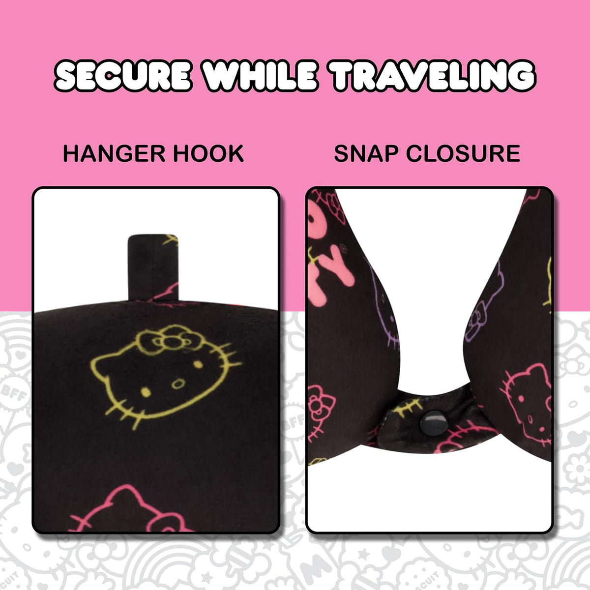 Hello Kitty Neck Pillow, Memory Foam Travel Accessories for Airplane, Car, and Office, Comfortable and Breathable, Black