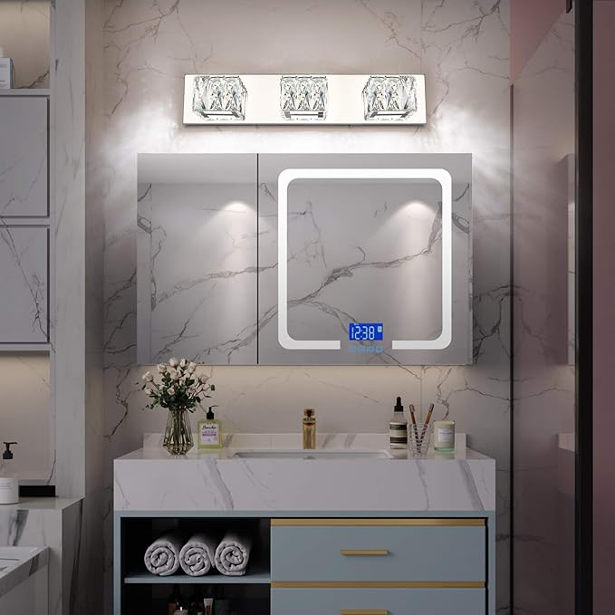 ZUZITO Modern Bathroom Vanity Lights - Crystal 3 Light Vanity Lighting Fixtures - Chrome Bathroom LED Light Fixture Over Mirror 6000K Cool White Light