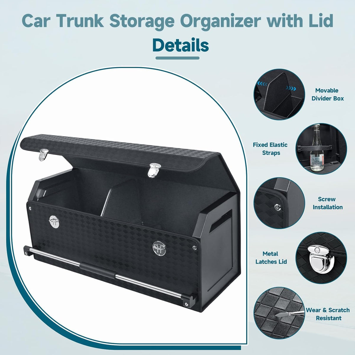 Leather Trunk Organizer, Waterproof Combination of Car Storage Organizer | 40.1*11.4*12.2in, Diamond-Pattern Leather, Heavy Duty, With Lid & Push-Pull Handle, for Groceries, Commute, Road Trips, Home