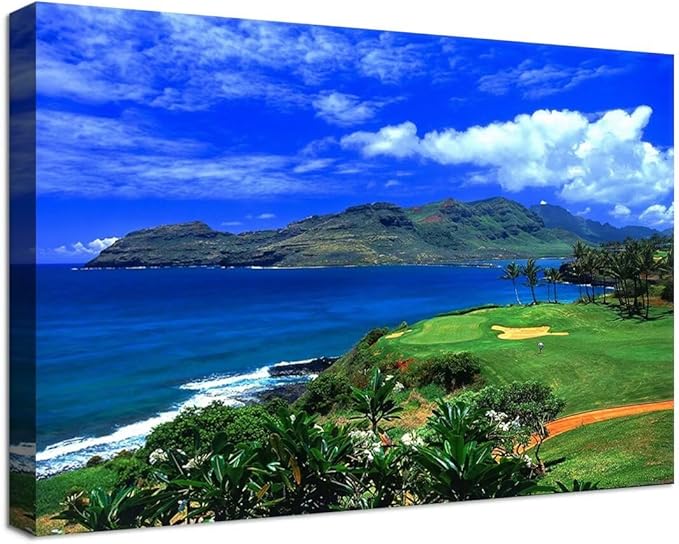 chenchenArt Lagoons Golf Course Wall Art for Living Room Bedroom Bathroom Home Decoration Hawaii Ocean Golf Course Picture Poster Canvas Prints Modern Artwork Framed Ready to Hang(28''H x 44''W)
