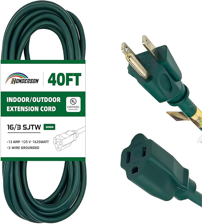 40FT Outdoor Extension Cord-16/3 SJTW Durable Green Extension Cable with 3 Prong Grounded Plug for Safety,Great for Outside Christmas Decorations
