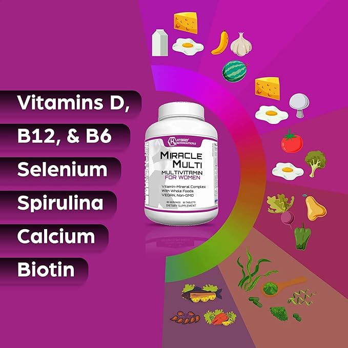 Hybrid Nutraceuticals MiracleMulti Women Multivitamin with Probiotics, Biotin, Folic Acid, Enzymes + Fruit & Vegetable Blend - Immune Support, Heart Health, Energy: 60 Servings (Non-GMO)