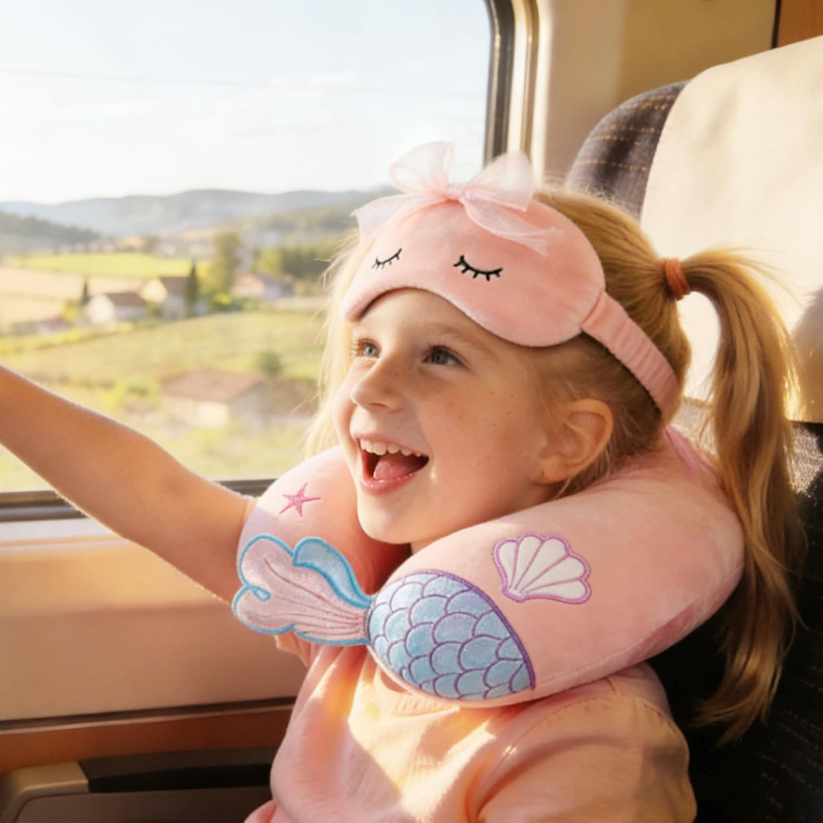 Travel Pillow, Travel Accessories for Car Airplane Traveling, Soft Memory Foam Kids Travel Pillow with Sleep Eye Mask Kids Neck Pillow for Boys & Girls - Cute Pink Mermaid