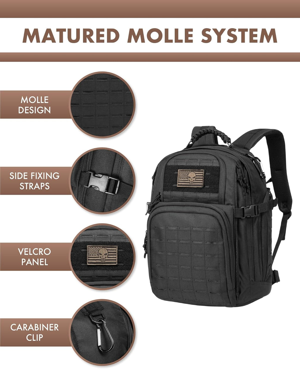 TRAILKICKER Military Tactical Backpack - 40L Lightweight EDC Daypack for Hiking & Camping | Black