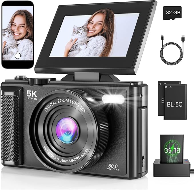 5K Vlogging Digital Camera for Beginners, 80MP Travel Camera for Photography