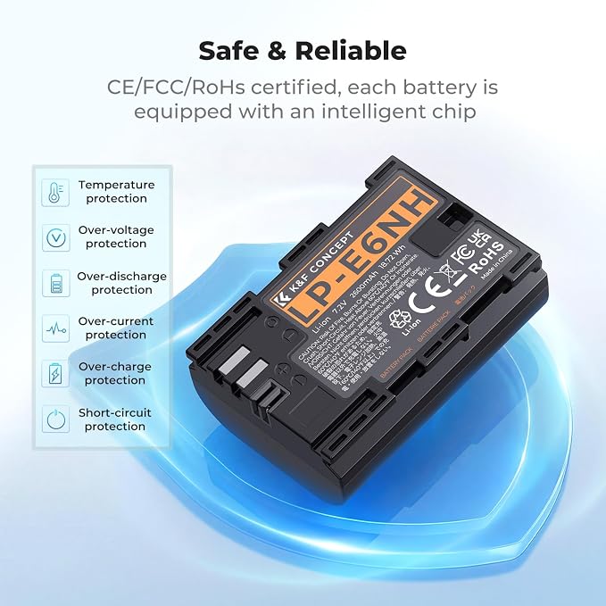 K&F CONCEPT 2600mAh LP-E6NH Battery and 3-Slot Battery Charger Compatible