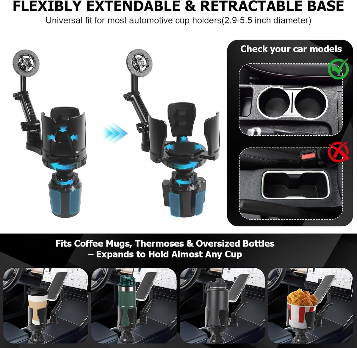 Frani Car Cup Holder Expander with Magnetic Phone Mount