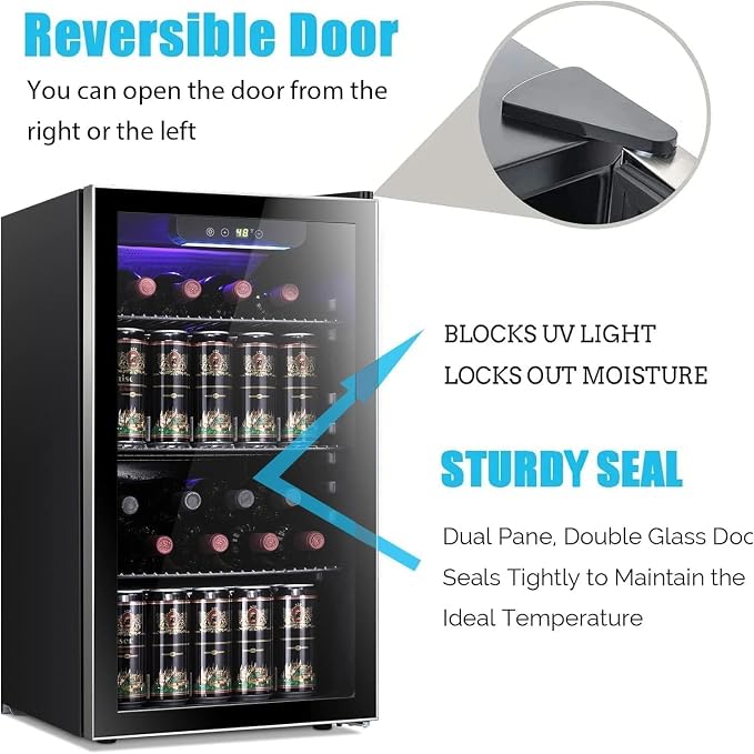 Antarctic Star Wine Cooler Cabinet Beverage Refrigerator 3.2cu.ft Black | 26 Bottle 130 Can capacity for wine, beer and soda, Clear Glass Door, Quiet, Digtal temp control, for home, office and bar
