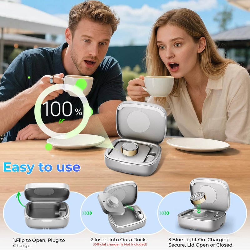 Portable Charging Case for Oura Ring 4 & 3 Charger, 1000mAh Battery Capacity Supports 30-Day Long Runtime, Fits All Ring Sizes |Charges at Your Desk or on the go (Official Charger Not Included)