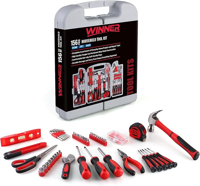 WINNER 156-Piece Delicate All-Purpose Home Tool Kit in Foldable Toolbox, Unisex | Complete and Essential Hand Tools Set for General House Repairs, Dorm, Apartments, Perfect Housewarming & Holiday Gift