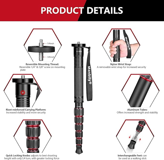 Manbily Camera Monopod Aluminum Portable Compact Lightweight Travel Monopod