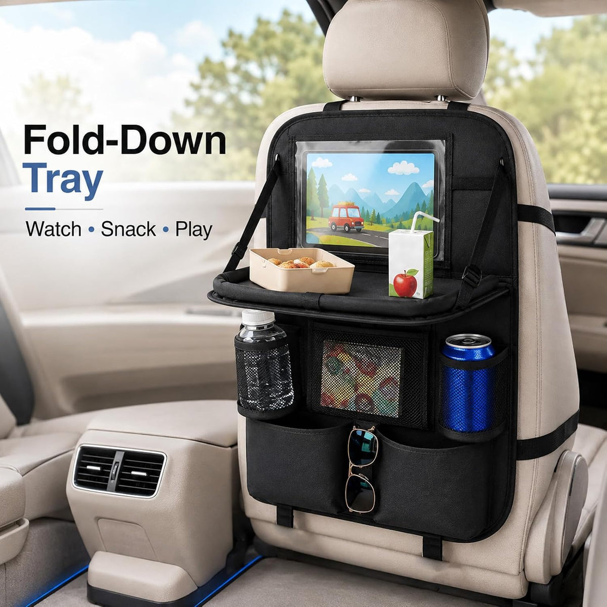 Car Backseat Organizer with Foldable Tray Table (2 Pack), Back Seat Organizer for Kids, Multi-Pocket Kick Mat Protector for Kids Travel Road Trip