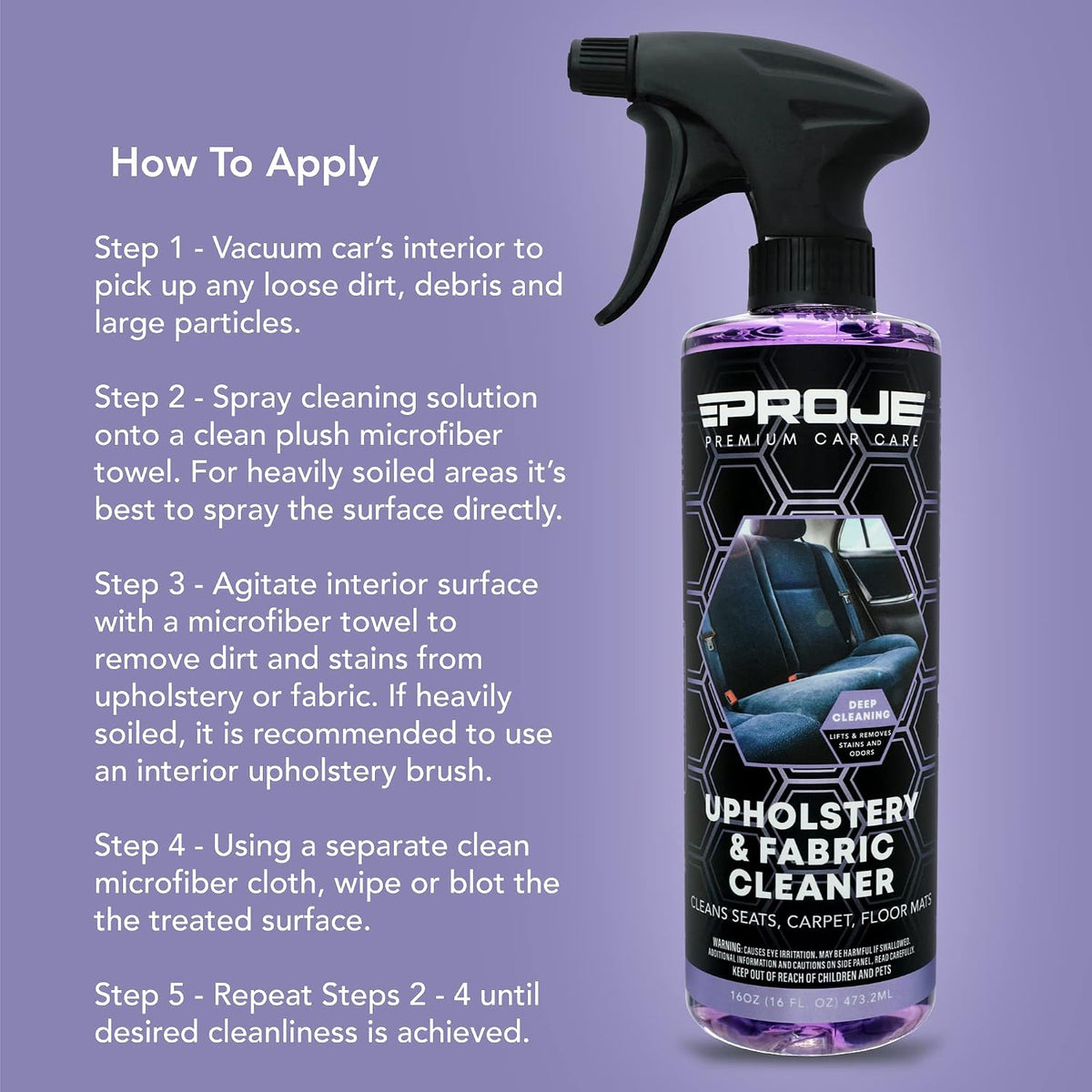 PROJE' Upholstery & Fabric Cleaner - Effective Carpet Cleaner - Stain remover - Eliminates Odors - Car Seat Cleaner - 16 Fl Oz