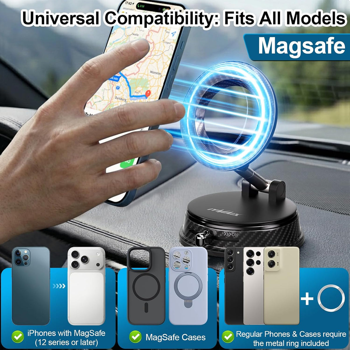 Car Phone Holder for Your Car [80+LBS Ultra Suction] 2600gf Strong Magnetic Car Phone Mount for Magsafe, 4-Axis Alloy Arm 360° Adjustable Dashboard Phone Holder Mount for iPhone 17-12 Android Samsung