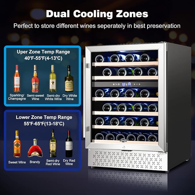 24 Inch Wine Fridge, Dual Zone 54 Bottles Wine Refrigerator, Built-In or Freestanding, Safety Lock, Double-Layer Glass Door, Adjustable Shelves, Wine Cooler Refrigerator for Home Bar Kitchen