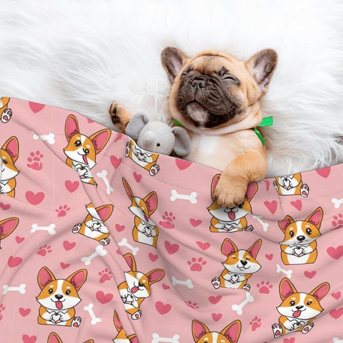 Two Sided Pet Cuddler Blanket for Anxiety Calming, Cute Happy Corgi Dog, Reversible Plush Design with Bubble Dot Pattern Provides Familiar Surface Anywhere