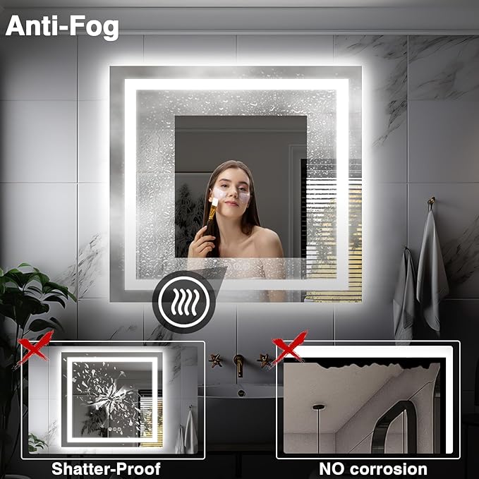 36"x36" Square LED Bathroom Mirror (Front and Backlit), Anti-Fog Vanity Mirror with Lights, Stepless 3 Colors Dimmable Smart Lighted Mirror(Horizontal/Vertical)