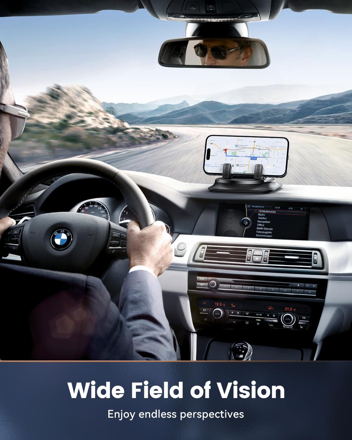360 Degree Rotation Dashboard Phone Holder for Car, Anti-Slip Grips & One-Hand Operation Car Cell Phone Mount with Adjustable Spring Clip, Compatible with iPhone Samsung All Smartphones