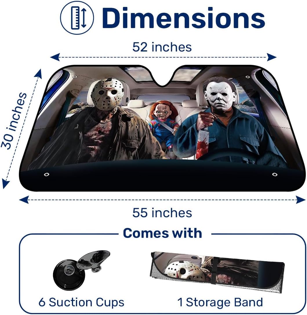 GENANY Horror Movie Character Windshield Sun Shade for Car SUV Truck (55x30 inches), Sun Shade Windshield, Shades for Windows, Protector Blocks UV, Car Décor