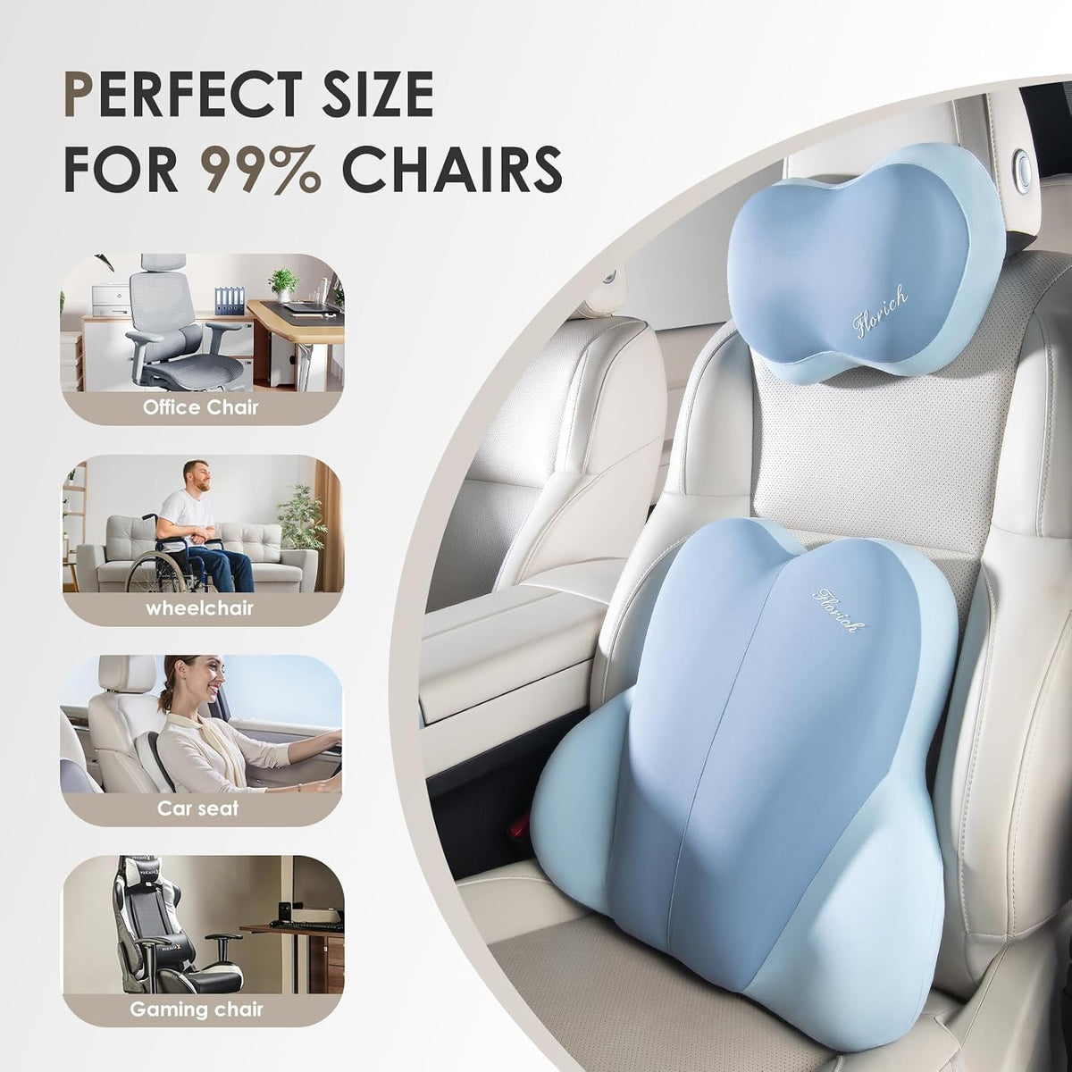 FLORICH Lumbar Support with Car headrest Back Pillow for Chairs Headrest Pillow for Car Ergonomic Ultrathick Memory Foam Back Pillow for Office Chair (Blue)