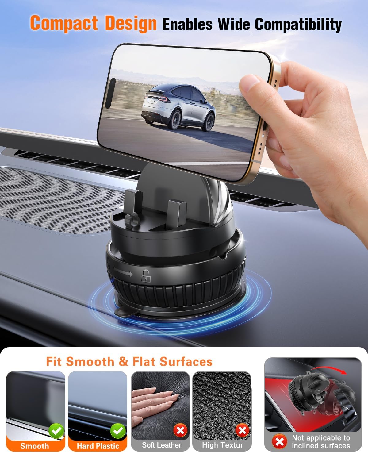 pop-tech Car Suction Dashboard Phone Holder:【360° Rotating & 30° Adjustable】 Vacuum Suction Cup Cell Phone Mount with Anti-Slip Spring Snap, Vehicle Dash Mobile Stand for iPhone Samsung, GPS Device