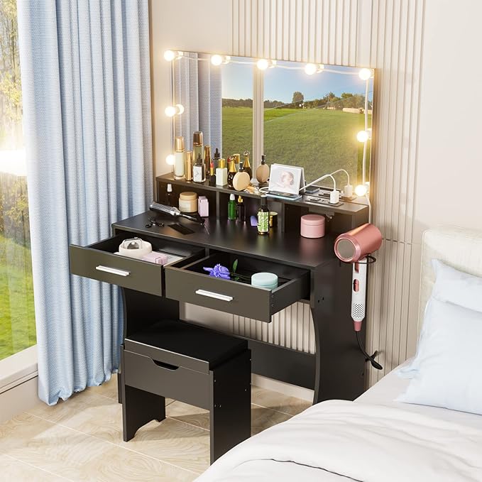 Makeup Vanity with Lighted Mirror & Outlet Charging Station, Vanity Set Makeup Table with Hair Dryer Holder, 3 Lighting Colors, Brightness Adjustable, 31.5in(W)