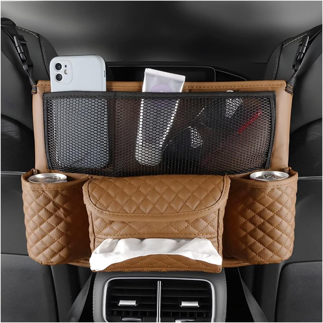 XINLIYA Car Handbag Holder Between Seats, PU Leather Multi-Pocket Large Capacity Purse Holder, Auto Net Bag Barrier of Backseat Pet Kids, Car Seat Organizers and Storage for Cargo Tissue Cup（Beige）