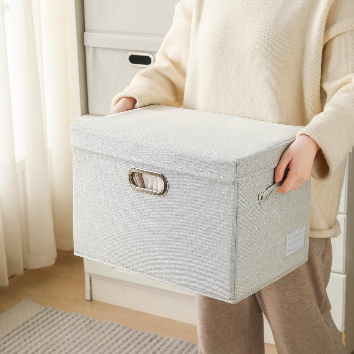 PRANDOM Large Collapsible Storage Bin with Lid [1-Pack] Fabric Foldable Storage Box Organizer Container Basket Cube with Cover for Home Bedroom Closet Office Beige (17.3x11.8x11.8)
