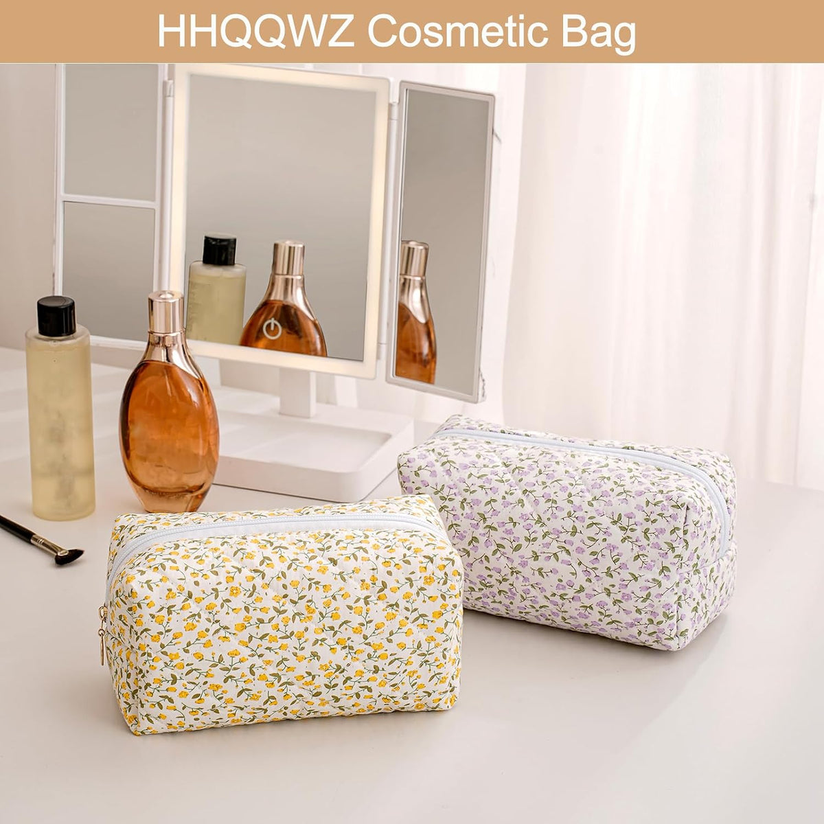 Makeup Bag Travel Cosmetic Bag for Women Girls, Zipper Make Up Pouch, Floral Flowers Toiletry Organizer Makeup, Portable Storage Cosmetic Travel Cloth Bag (Pink+Purple Floral)