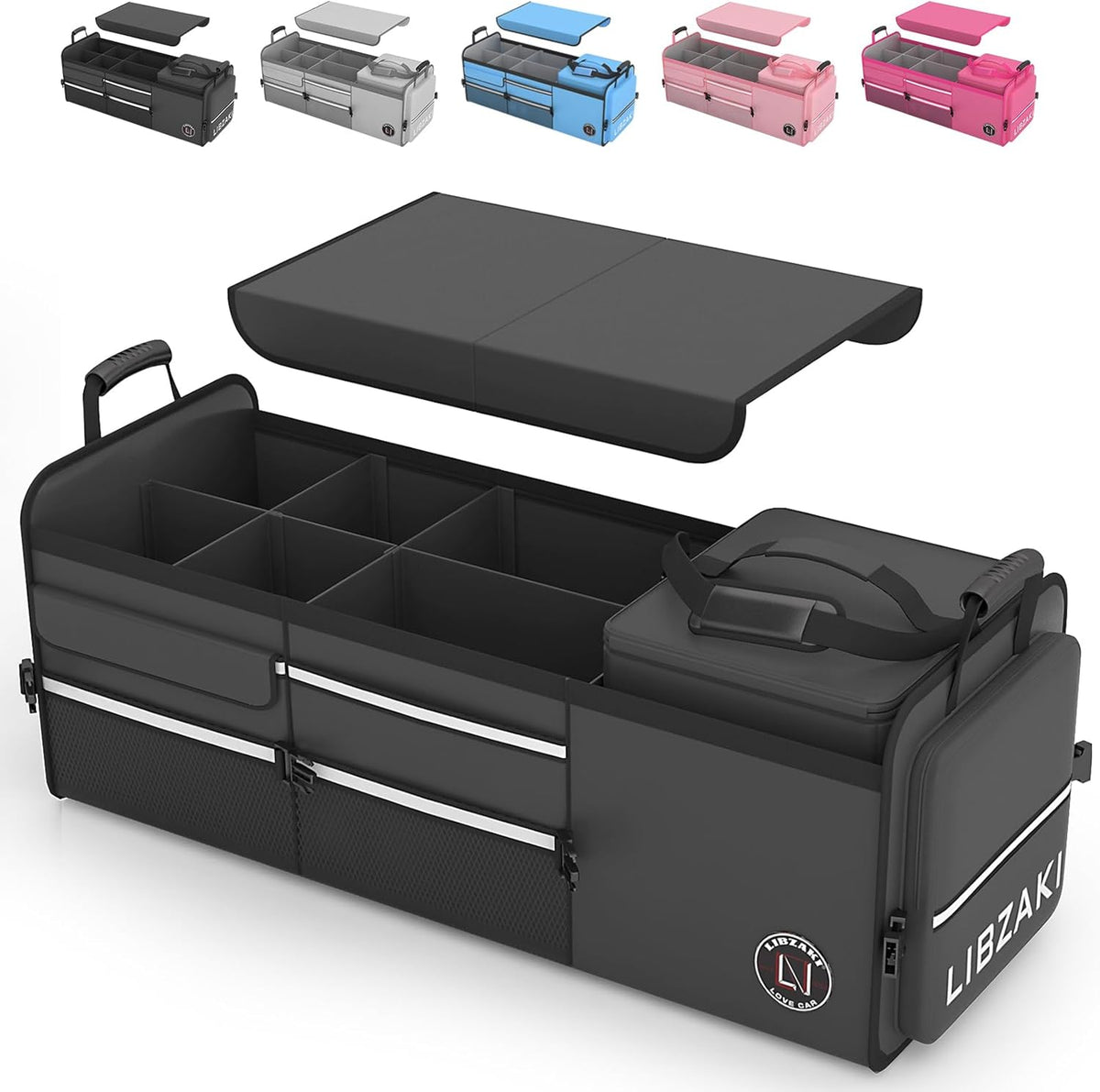 LIBZAKI Oversize 4 in 1 Car Trunk Storage Organizer, Multi Compartment Collapsible Trunk Storage Box with Cooler Bag for Car Truck SUV-Black