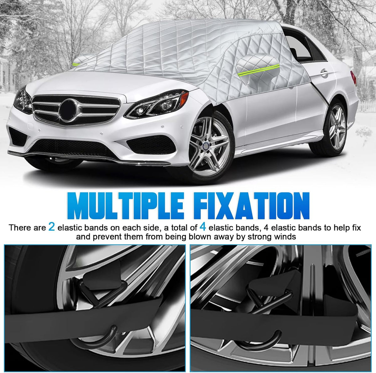6 Layers Windshield Snow Cover Universal Midsize Sedan/Compact SUV Protection Hail & Snow Shield | Scratch-Free Hooks + Reflective Strips + Mirror Covers