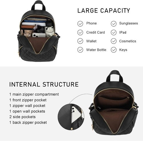 KL928 Quilted Mini Backpack - Stylish PU Leather Satchel Bag for Women | Small Casual Daypack