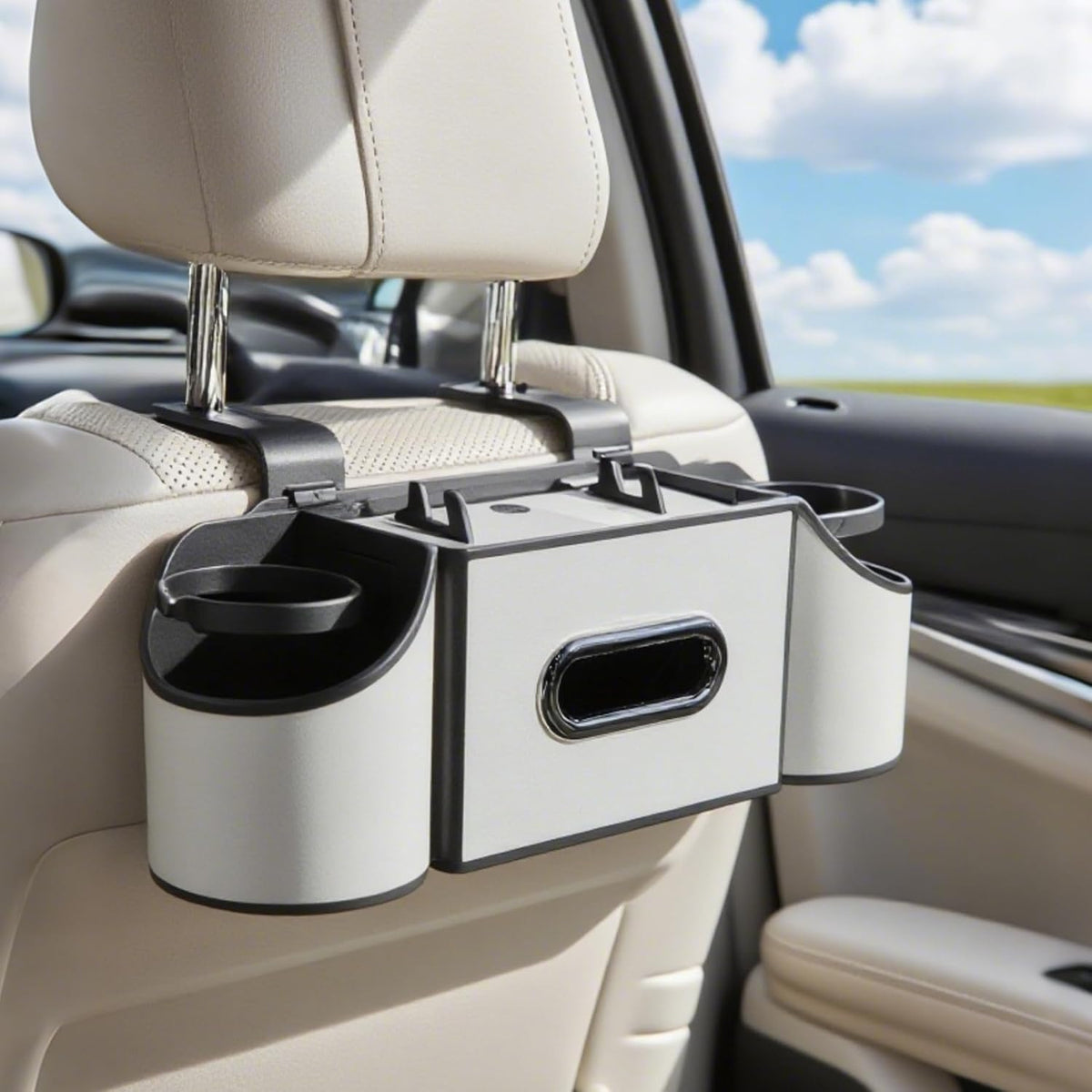Back Seat Car Organizer,4 in 1 Multifunctional Car Back Seat Storage Box with Drink Cup Holder Tissue Box, for Hold Phone,Snacks, Drinks, Handbag-Light Brown