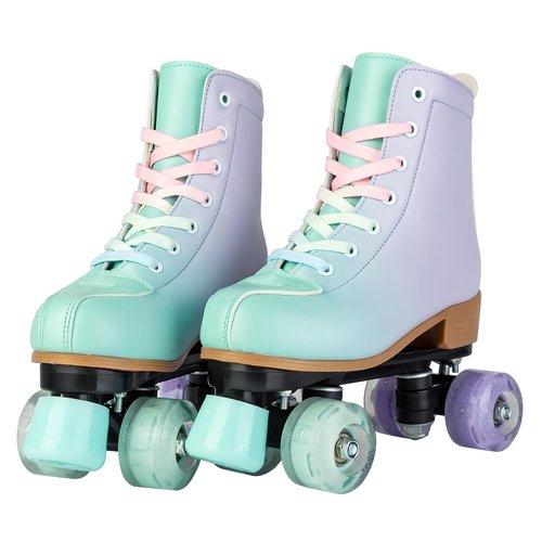 MEIGLQEA Roller Skates for Girls and Women, PU Leather Gradient Green Purple Roller Skates with Flash Wheels, Indoor Outdoor Roller Skates for Youth Beginner Girls Ages 8-12 (32-Youth 1)