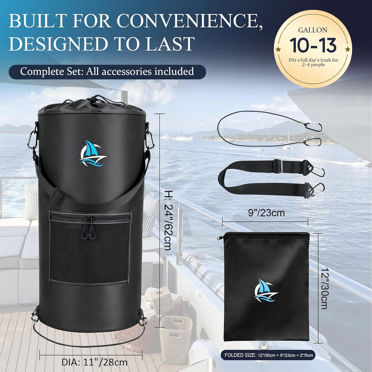 Portable Boat Trash Can,Reusable Marine Trash Bag Boat Accessories, Odor & Leak Resistant Fits 10-13 Gal Garbage Bags, Easy Install & Clean, Fishing, Kayak & Pontoon Boats , Cool Boating Gifts for Men