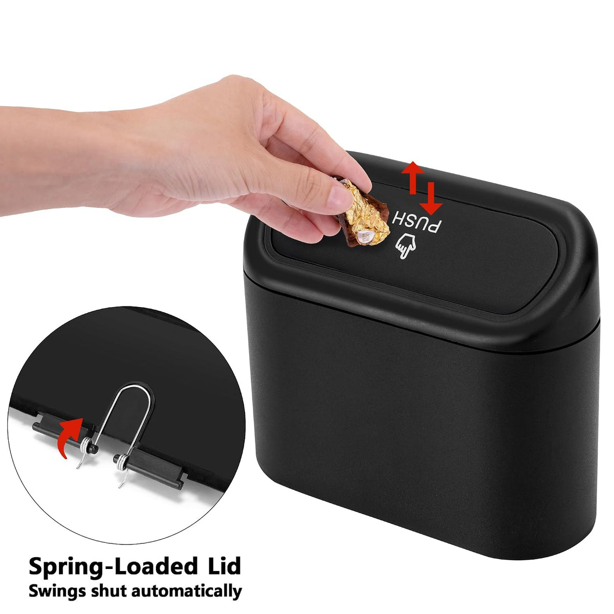 Ginsco 2 Pack Mini Car Trash Can with Lid, Small Car Garbage Can, Cute Leakproof ABS Trash Bin, Cars Accessories for Interior, Garbage Bin for Car, Home, Office with 120pcs Trash Bags Black