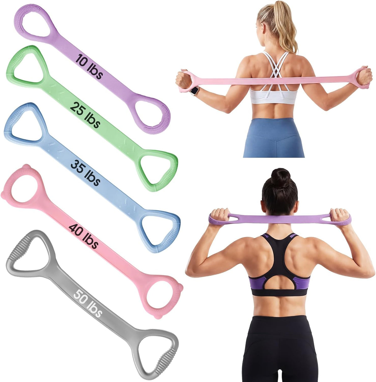 Soulchen Figure 8 Fitness Resistance Bands - 5 Pack (10-50 Lbs) for Yoga, Pilates, and Strength Training