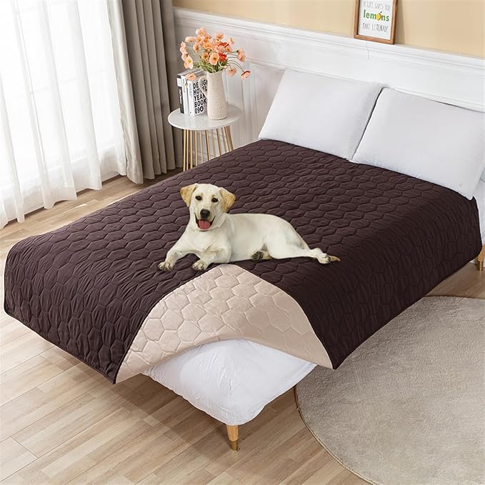 GIBZ Waterproof Dog Bed Cover Anti Slip Pet Furniture Protector Washable Blanket Large Soft Quilted Mat, Coffee, 260x210cm
