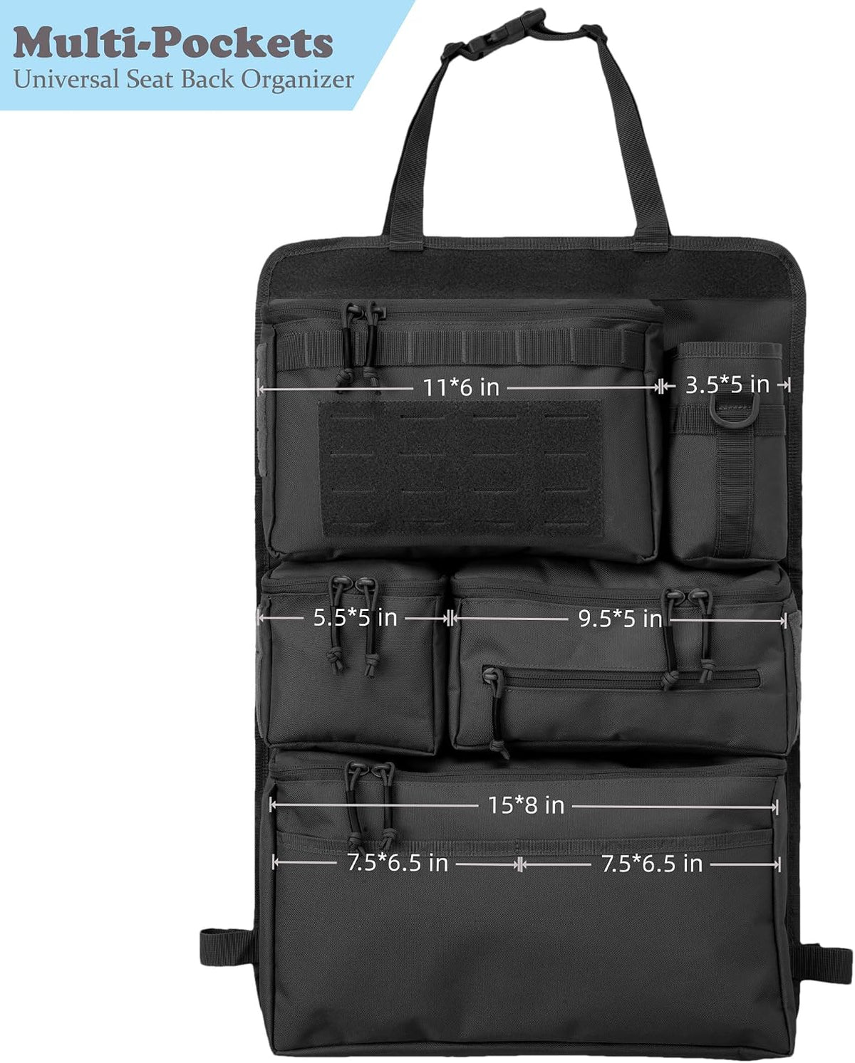 One-Piece Universal Car Seat Back Organizer with Tissue & Water Bottle Bag | Tactical Molle Car Backseat Organizer, Multi Separate Storage Compartments,for Car Truck Pickups SUVs