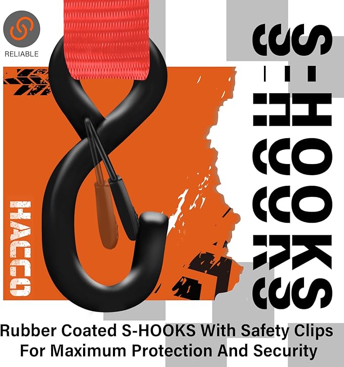 HACCOPLANET Ratchet Straps, 5280lb Break Strengeth, 1.6" Heavy Duty Ratchet Tie Down Strap Set w/Padded Handle, S Hook, Soft Loop for UTV Motorcycle Truck Cargo Straps (Red, 16FT)