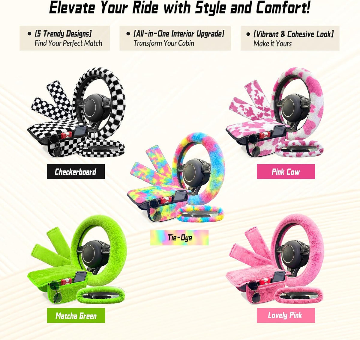 5 Pcs Fuzzy Pink Color Car Accessories Set, Soft Fluffy Plush Steering Wheel Cover, Center Console Armrest Pad & Rearview Mirror Cover - Interior Decorations for Women,Universal Fit (Pink)