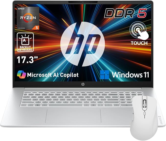 HP OmniBook 17.3” Touchscreen Next Gen AI Laptop, Latest AMD Ryzen 5 CPU | 24GB DDR5 RAM, 1TB SSD, Copilot Key, AMD Radeon 660M Graphics, Backlit Keyboard, Win11 Home, Silver, w/ Wireless Mouse