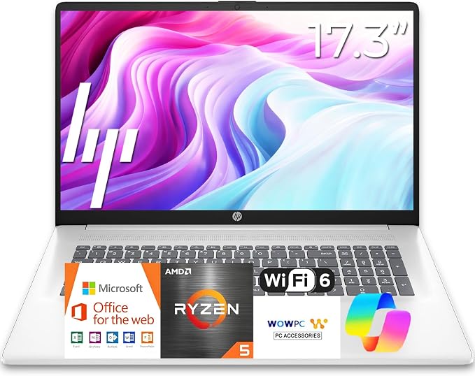 HP 17 inch Business Laptop • 2026 Edition • Latest AMD Ryzen 5 CPU • 16GB RAM - 512GB SSD - 17.3" FHD Display • Copilot + • Long Battery Life • Windows 11 with Office 365 for The Web